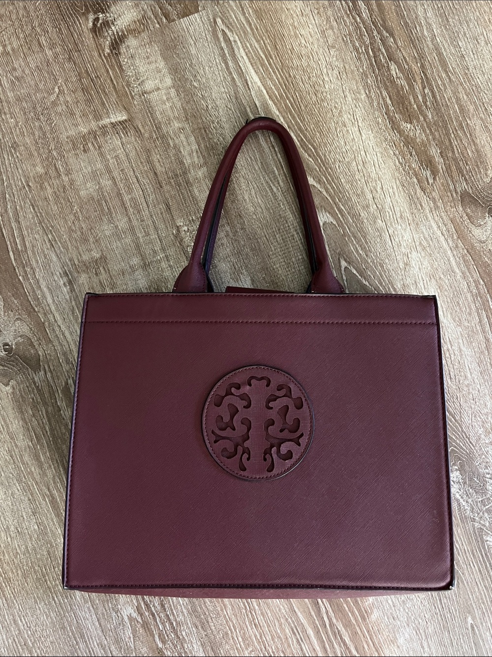 Women's Burgundy Tote Bag with Decorative Medallion